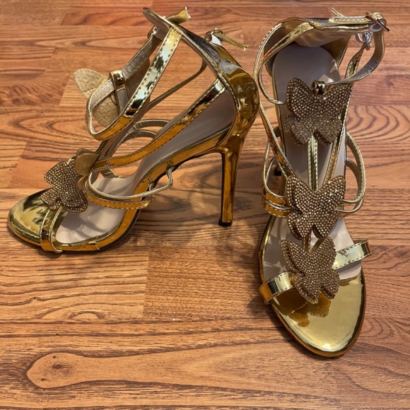 Gold Women’s High Heeled Butterfly Sandals Size 39 - Picture 3 of 7
